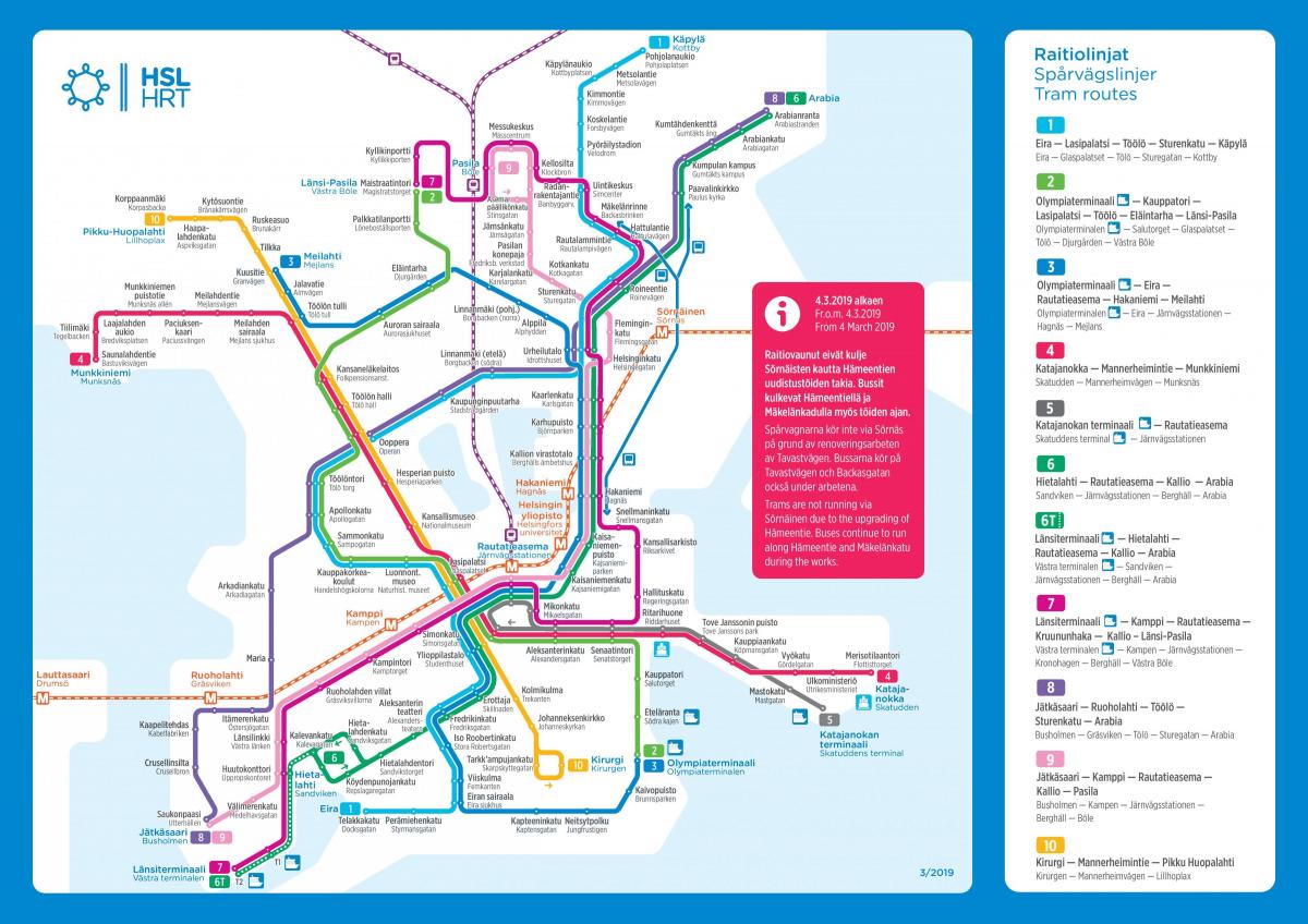 Mappa delle stazioni del tram di Helsinki